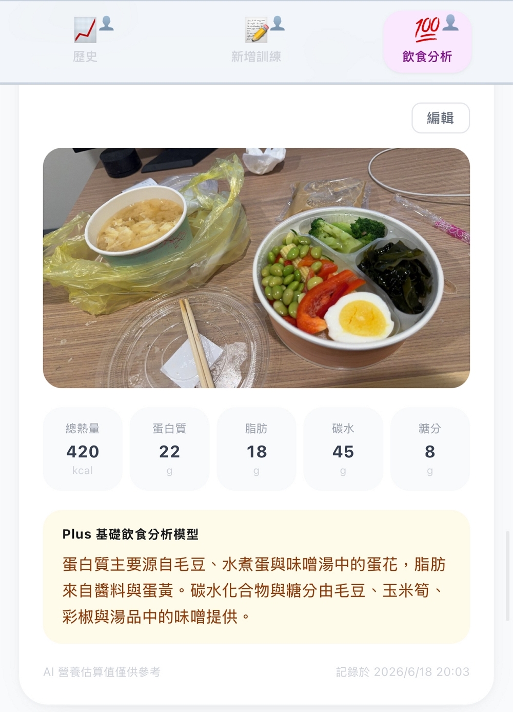 飲食分析頁面：餐點照片、熱量與三大營養素數值，以及 AI 的營養來源拆解說明